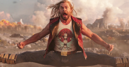 Thor (Chris Hemsworth) split kicks a pair of Booskan speeders in Thor: Love and Thunder (2022), Marvel Entertainment