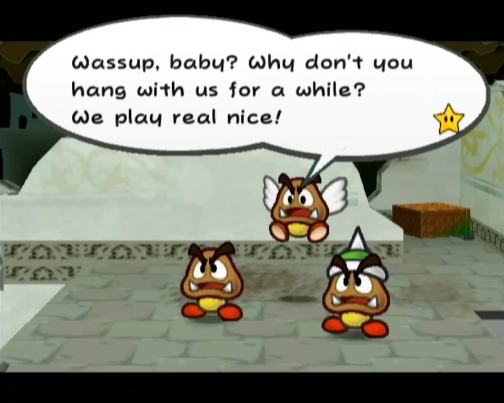 A trio of Goombas hit on Goombella in Paper Mario: The Thousand-Year Door (2004), Nintendo