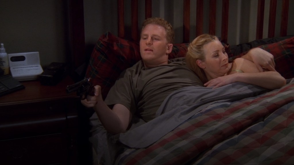 Gary (Michael Rapaport) shoots a bird in Friends Season 5 Episode 21 "The One with the Ball" (1999), Warner Bros. Television