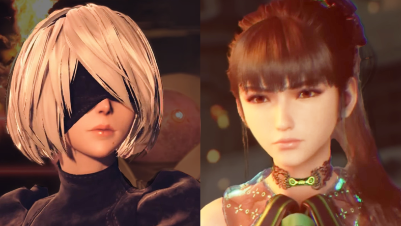 2B (Yui Ishikawa) stumbles upon a bizarre robo-religious-ritual in NieR: Automata (201), PlatinumGames / Eve (TBA) receives some battlefield reassurance from Tachy (TBA) in Stellar Blade (2024), Shift Up