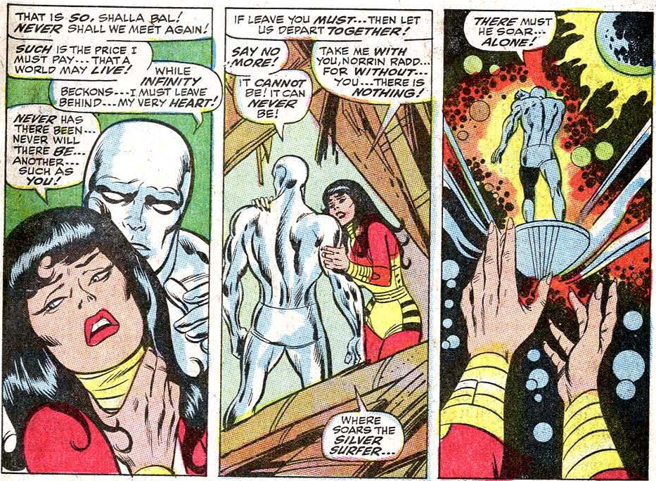 Shalla-Bal mourns for her lover in Silver Surfer Vol. 1 #1 "Origin of the Silver Surfer!" (1968), Marvel Comics. Words by Stan Lee, art by John Buscema, Joe Sinnott, Bill Everett, and Sam Rosen. 