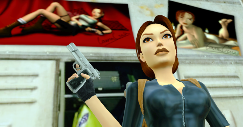 Lara Croft stands before her own pin-ups in the original release of Tomb Raider III: The Lost Artefact Remastered (2024), Crystal Dynamics