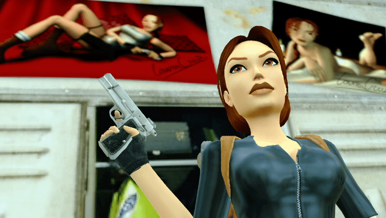 Lara Croft stands before her own pin-ups in the original release of Tomb Raider III: The Lost Artefact Remastered (2024), Crystal Dynamics