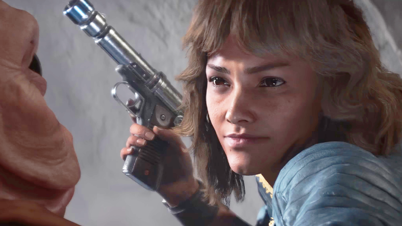 Kay Vess (Humberly González) is about to pistol whip a Sullustan in Star Wars Outlaws (2024), Ubisoft