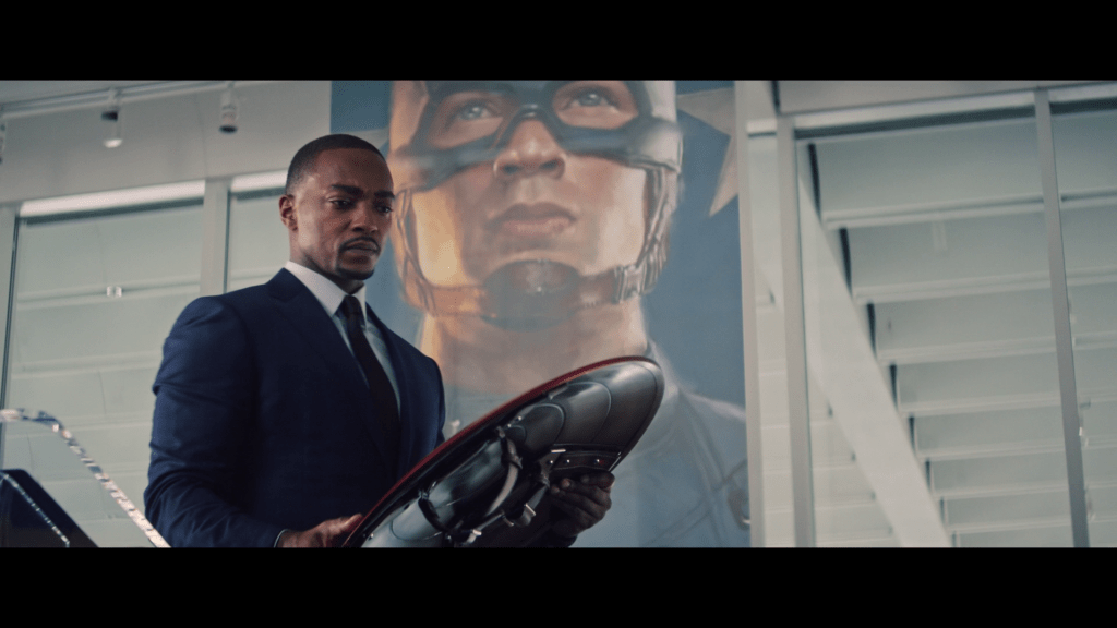 Sam Wilson (Anthony Mackie) reflects on the weight of the Captain America mantle in The Falcon and the Winter Soldier Season 1 Episode 1 "New World Order" (2021), Marvel Entertainment