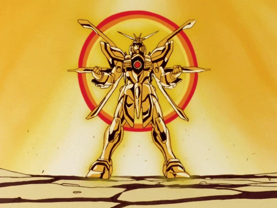 The God Gundam enters its Super mode in Mobile Fighter G Gundam Episode 23 "Destined Battle! Domon vs. Devil Gundam" (2002), Sunrise
