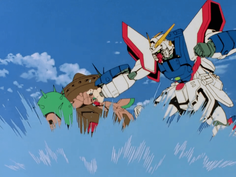 Dommon Kashu (Tomokazu Seki) puts an end to the Tequila Gundam in Mobile Fighter G Gundam Episode 7 "Prepare to Fight! Desperate Fugitive!" (2002), Snrise
