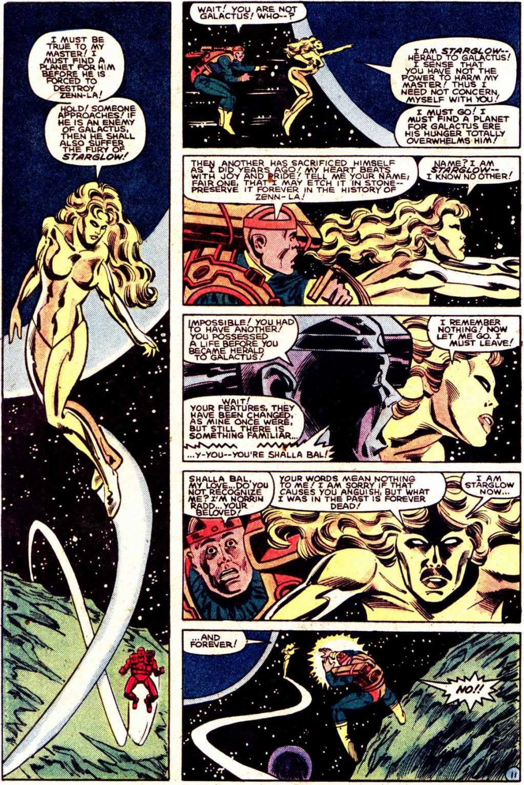 Shalla-Bal fails to recognize her former love in What If? Wol. 1 #37 "What If Galactus Had Turned The Silver Surfer Back Into Norrin Radd?" (1982), Marvel Comics. Words by David Kraft, art by Mike Vosburg, Steve Mitchell, Bob Sharen, and Diana Albers.