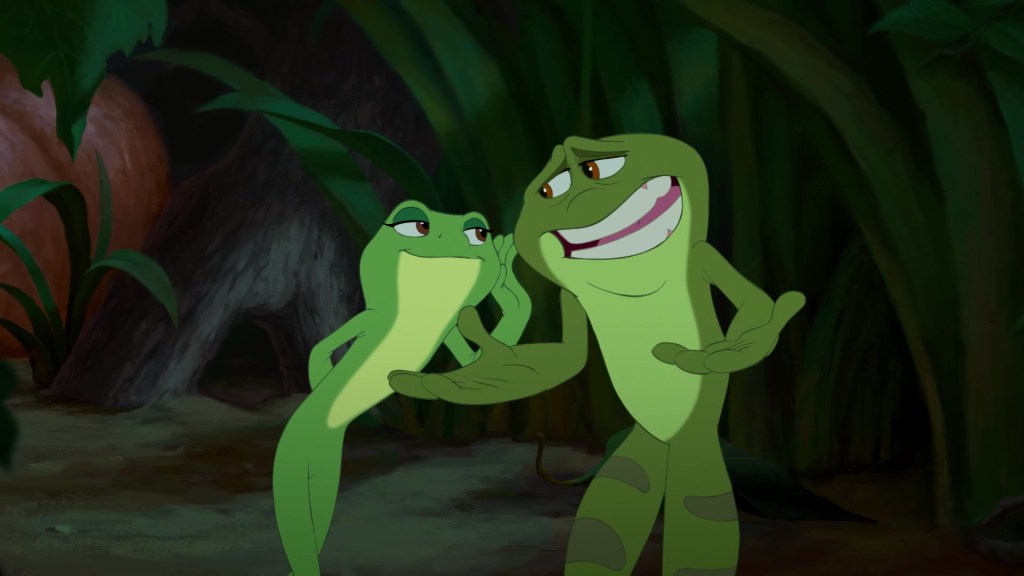 Tiana (Anika Noni Rose) and Prince Naveen (Bruno Campos) strike out to find a solution to their jumpy predicament in The Princess and the Frog (2009), Disney