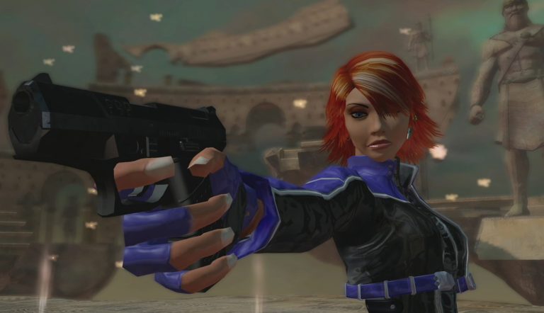 Joanna Dark (Laurence Bouvard) puts an end to Zhang Li (Togo Igawa) in Perfect Dark Zero (2005), Microsoft Game Studios