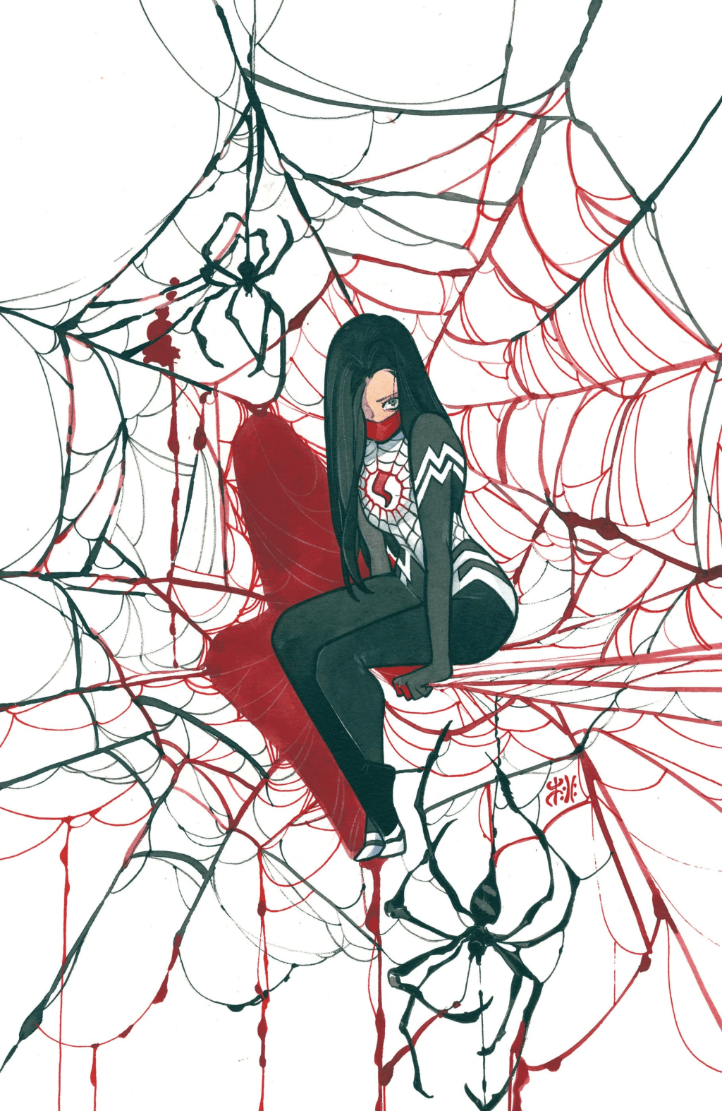 Silk sits upon a tangled web on Peach Momoko's variant cover to Amazing Spider-Man Vol. 6 #6 (2022), Marvel Comics