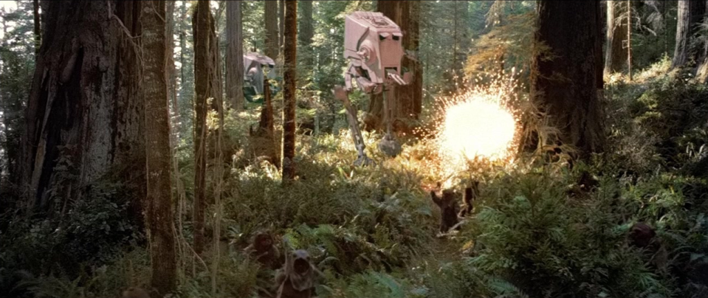 Ewoks lure AT-STs into a trap during the Battle of Endor in Star Wars Episode VI: Return of the Jedi (1983), Lucasfilm