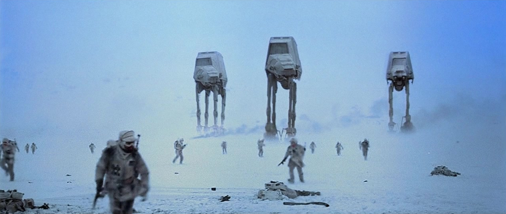 The Rebel Alliance flees from approaching AT-ATs during the Battle of Hoth in Star Wars Episode V: The Empire Strikes Back (1980), Lucasfilm