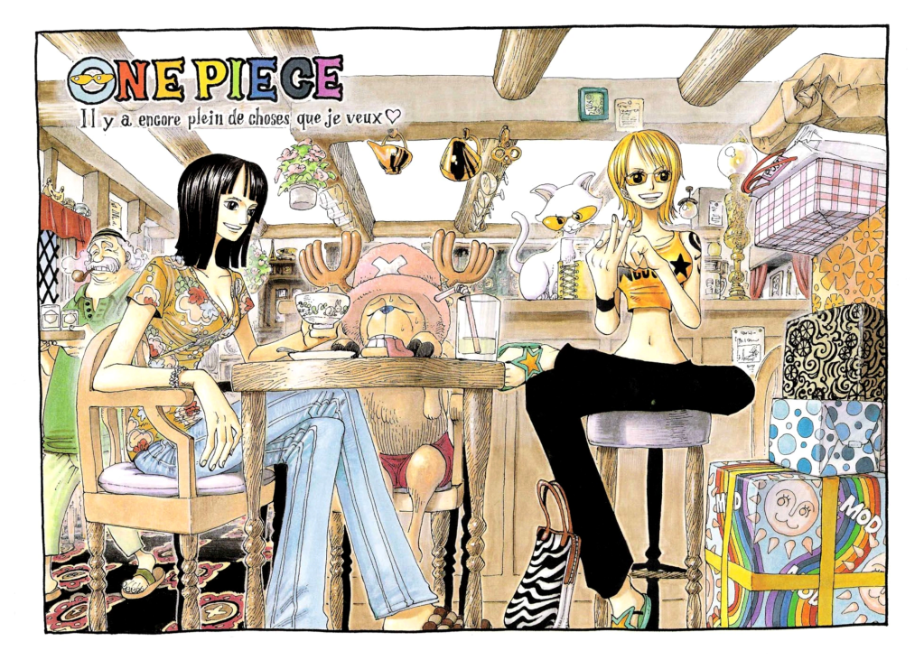 Robin and Nami grab a cup of tea on Eiichiro Oda's color spread to One Piece Chapter 226 "Shojou, the Salvage King of the Seafloor" (2002), Shueisha