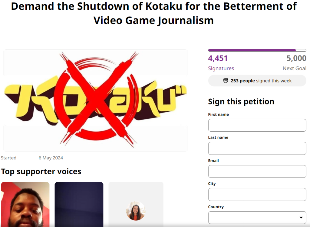 Demand the Shutdown of Kotaku for the Betterment of Video Game Journalism via Change.org