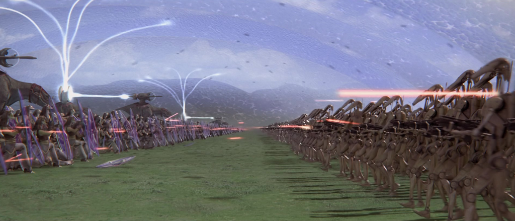 The first shots in the Battle of Naboo are fired in Star Wars: Episode I - The Phantom Menace (1999), Lucasfilm