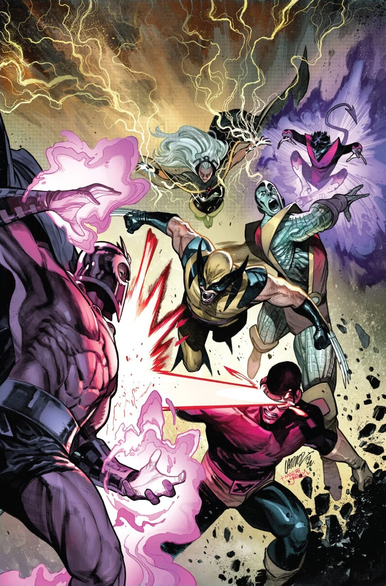 The X-Men take on Magneto on Pepe Larraz and Marte Gracia's cover homage to Jim Lee on Immortal X-Men Vol. 1 #17 "The White Hot Danger Room" (2023), Marvel Comics