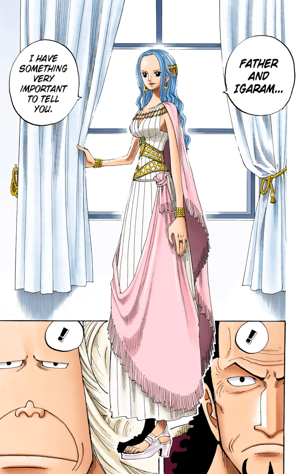 Vivi prepares to reveal the truth about her travels in One Piece Chapter 215 "Last Waltz" (2002), Shueisha. Words and art by Eiichiro Oda.