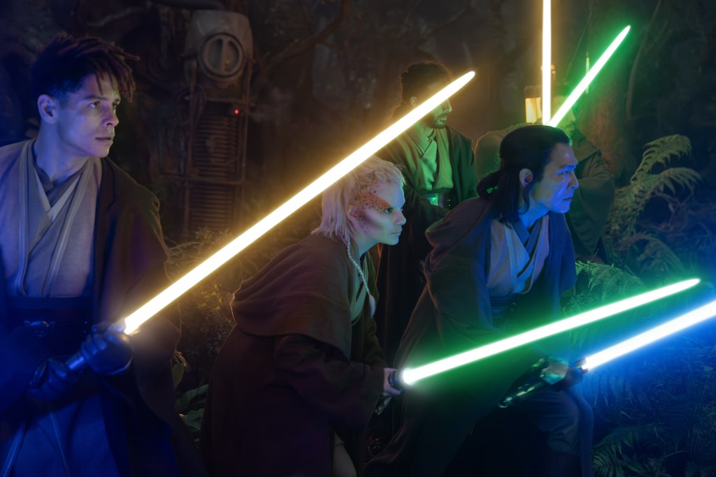 Yord Fandar (Charlie Barnett), Jecki Lon (Dafne Keen) and Master Sol (Lee Jung-jae) lead a band of Jedi into battle in The Acolyte (2024), Disney