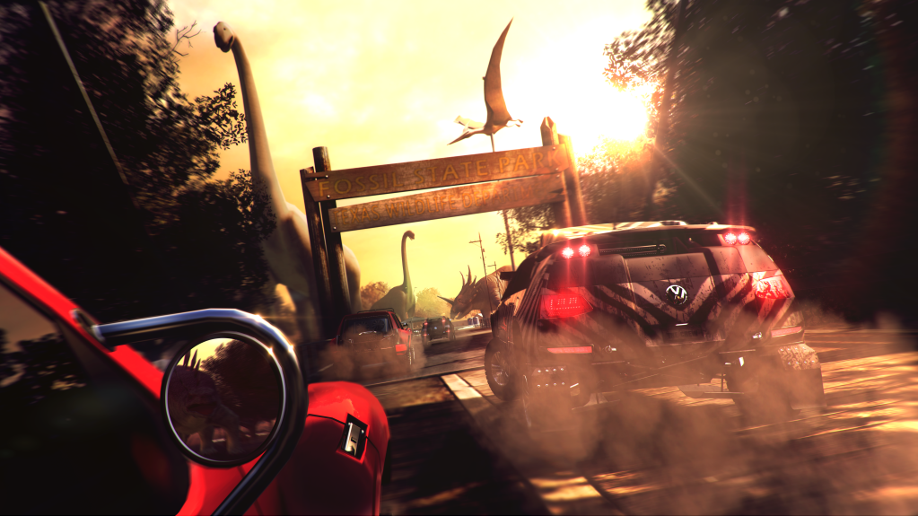 Jurassic Raid sees players race through a dinosaur theme park in The Crew (2014), Ubisoft