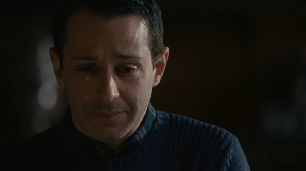 Kendall (Jeremy Strong) breaks down in tears as he is blackmailed by Logan (Brian Cox) in Succession Season 1 Episode 10 "Nobody Is Ever Missing" (2018), HBO