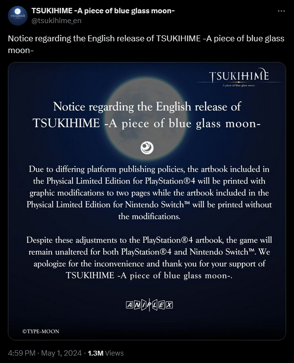 Type-Moon announce Sony's censorship of 'Tsukihime - A piece of blue glass moon'