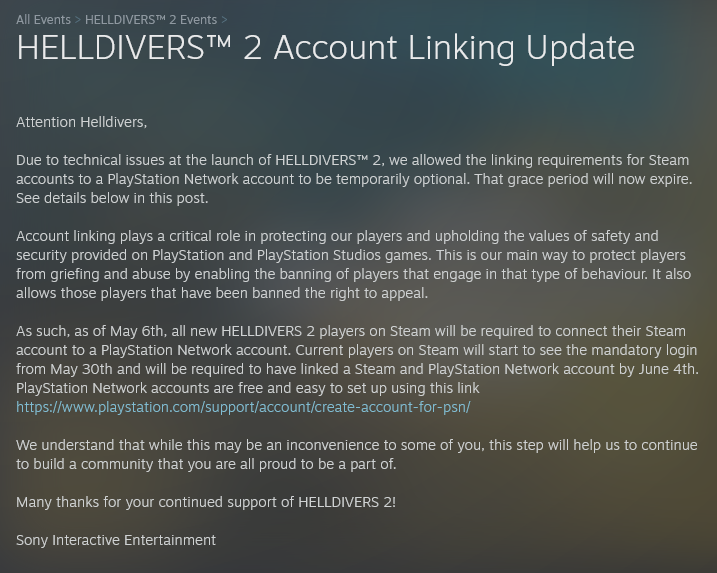 Sony Interactive Entertainment announces mandatory Steam and PSN account linking for Helldivers 2
