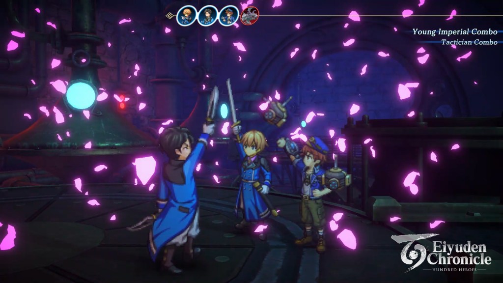 Valentin (Yuki Ono), Seign Kesling (Kenji Akabane), and Pohl (Atsushi Abe) salute after their combo shatters their foe in Eiyuden Chronicle: Hundred Heroes (2024), 505 Games