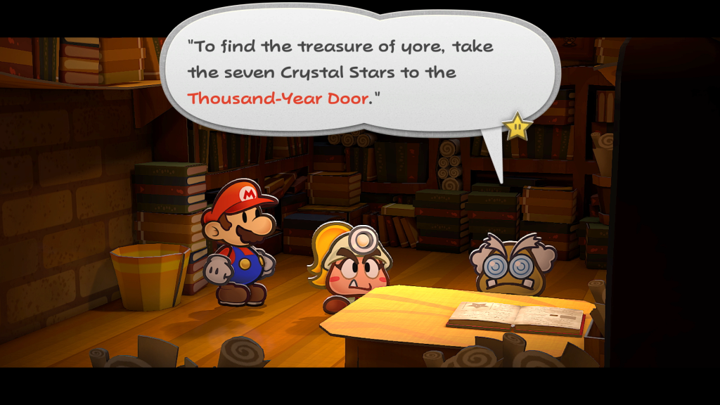 Professor Frankly explains the legend of Rogueport to Mario and Goombella in Paper Mario: The Thousand-Year Door (2024), Nintendo