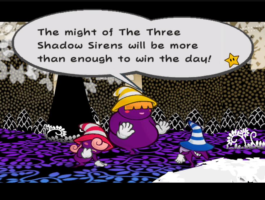 The Three Shadow Sirens challenge Mario in Paper Mario: The Thousand-Year Door (2004), Nintendo