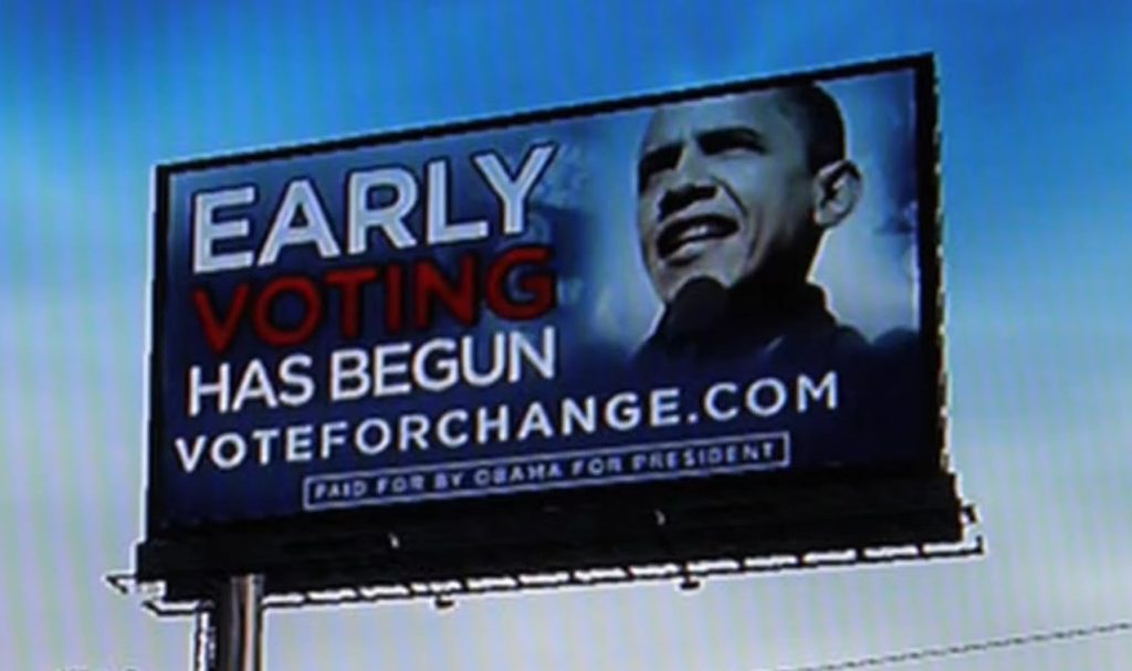 An in-game billboard for Barack Obama's presidential campaign as featured in Burnout Paradise (2008), Electronic Arts
