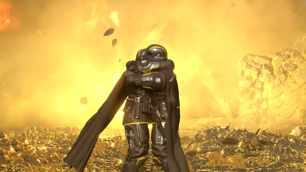 A pair of Helldivers embrace in the face of oblivion in Helldivers 2 (2024), Arrowhead Game Studios