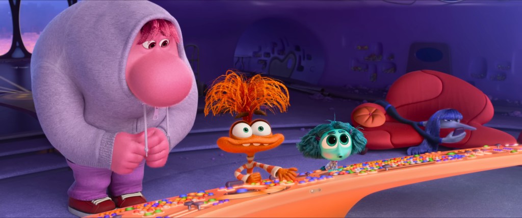 Embarassment (Paul Walter Hauser), Anxiety (Maya Hawke), Envy (Ayo Edebiri), and Ennui (Adèle Exarchopoulos) take over Riley's (Kensington Tallman) mind in Inside Out 2 (2024), Disney/Pixar