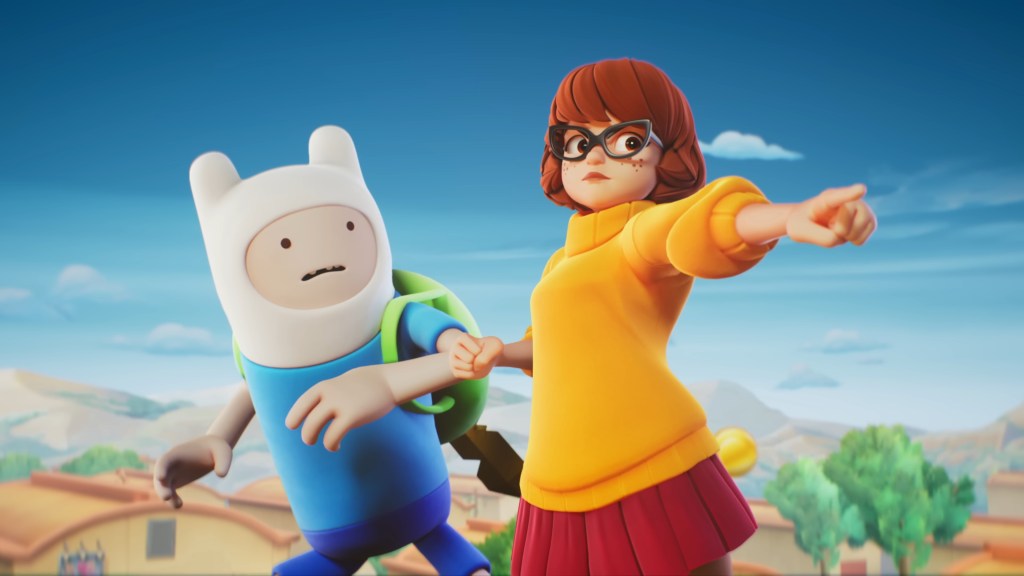 Velma (Kate Micucci) stands in defense of Finn the Human (Jeremy Shada) in MultiVersus (2022), Warner Bros. Games.