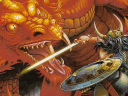 A Warrior clashes with a Dragon on Larry Elmore's cover to Dungeons & Dragons Basic Set (1983), TSR Games