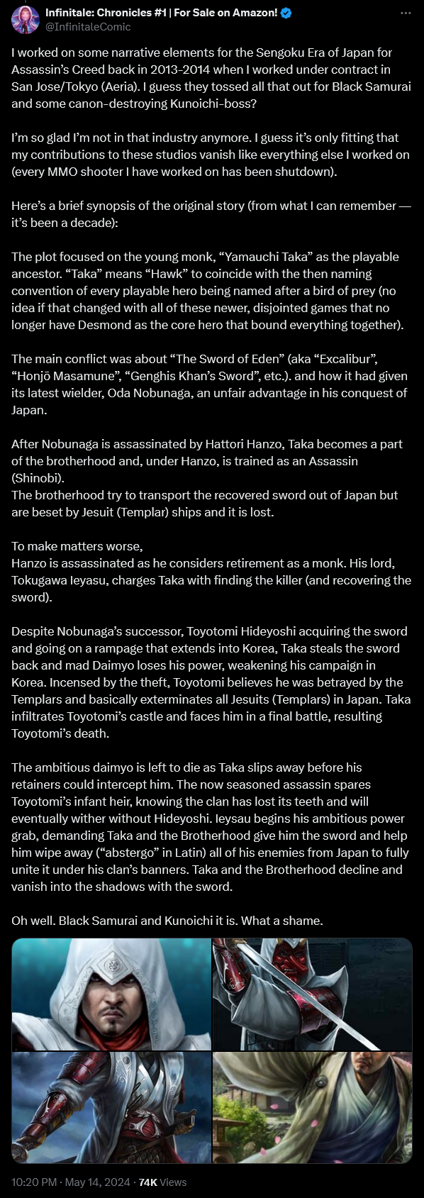 @InfinitaleComic reveals his original pitch for a Feudal Japan-era 'Assassin's Creed' title.