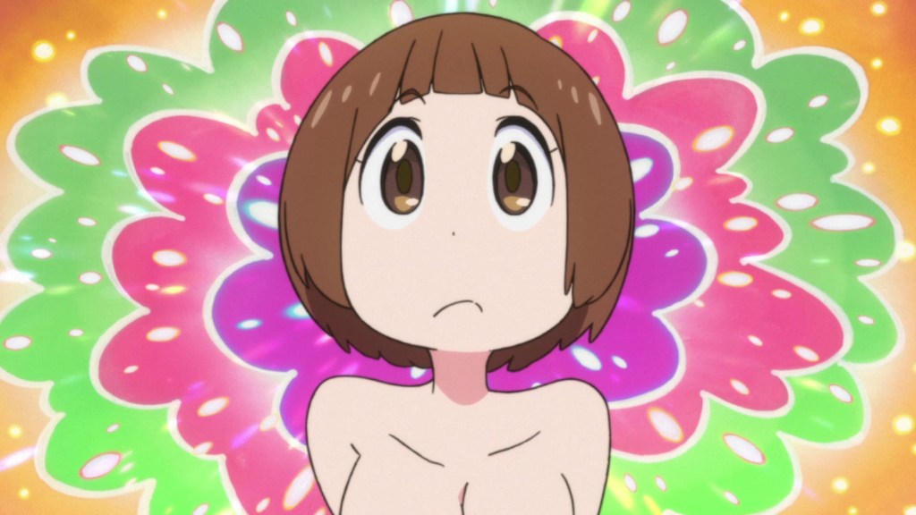 Mako (Aya Suzaki) finds herself amidst the ranks of the Nudist Beach in Kill la Kill Episode 19 "I'm Not Your Cute Woman" (2013), Studio Trigger