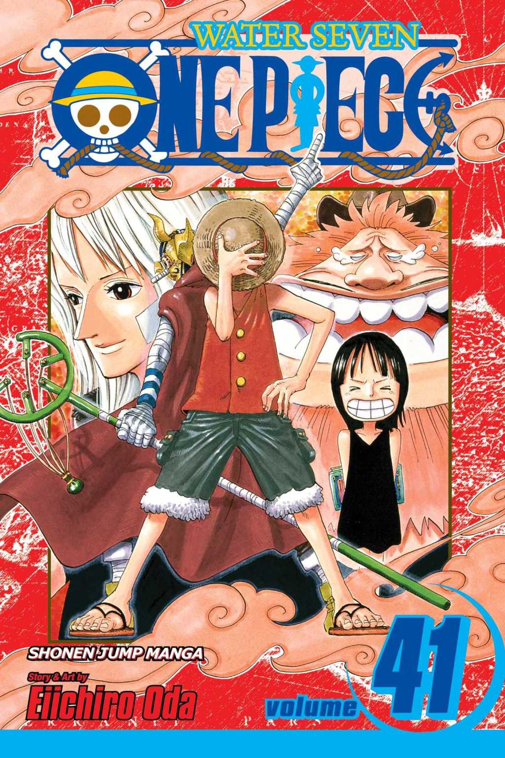 Luffy and Sogeking stand ahead of the memories of Robin's past on Eiichiro Oda's cover to One Piece. Vol. 41 "Declaration of War" (2006), Shueisha