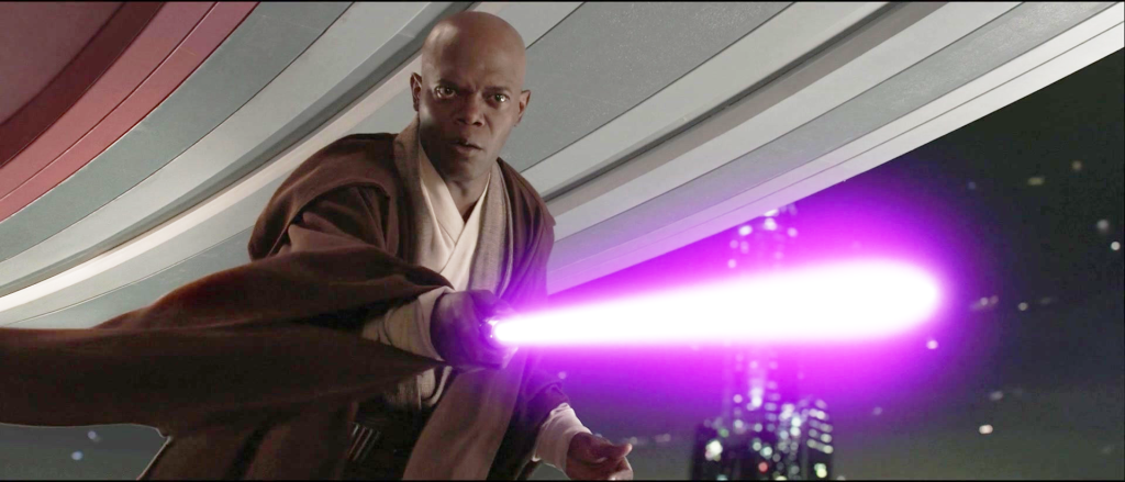 Mace Windu (Samuel L. Jackson) knows Darth Sidious (Ian McDiarmid) is too dangerous to be kept alive in Star Wars Episode III - Revenge of the Sith (2005), Lucasfilm