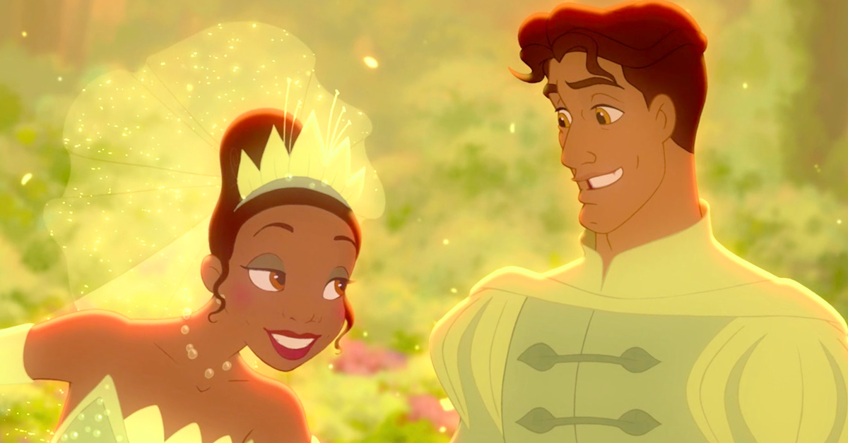 Tiana (Anika Noni Rose) and Prince Naveen (Bruno Campos) break their cruse in The Princess and the Frog (2009), Disney