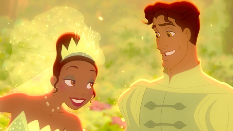 Tiana (Anika Noni Rose) and Prince Naveen (Bruno Campos) break their cruse in The Princess and the Frog (2009), Disney