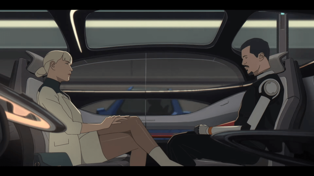 Aline (Léa Drucker/Morla Gorrondona) and Carlos (Daniel Njo Lobé/Josh Keaton) ride a car in Mars Express (2023), GKIDS Films