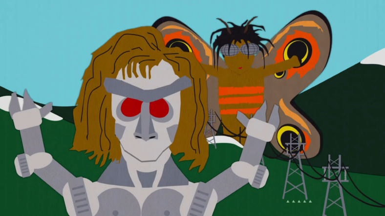 Robert Smith (Robert Smith) confronts Mecha-Streisand in South Park Season 1 Episode 12 "Mecha-Streisand" (1998), Comedy Central