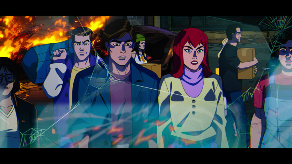Flash Thompson (N/A), Peter Parker (N/A), and Mary-Jane Watson (N/A) watch on as the X-Men attempt to stop the fall of Asteroid M in X-Men '97 Season 1 Episode 10 'Tolerance is Extinction - Part 3' (2024), Disney Plus
