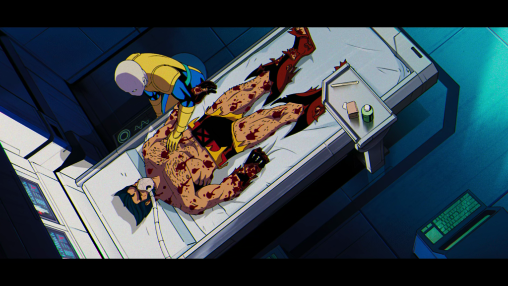 Morph (J.P. Karliak) watches over a wounded Wolverine (Cal Dodd) in X-Men '97 Season 1 Episode 10 'Tolerance is Extinction - Part 3' (2024), Disney Plus