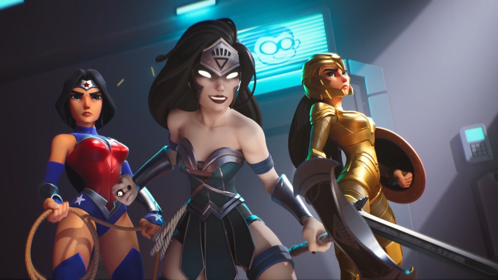 Three different versions of Wonder Woman (Abby Trott) rise to the challenge in MultiVersus (2022), Warner Bros. Games.