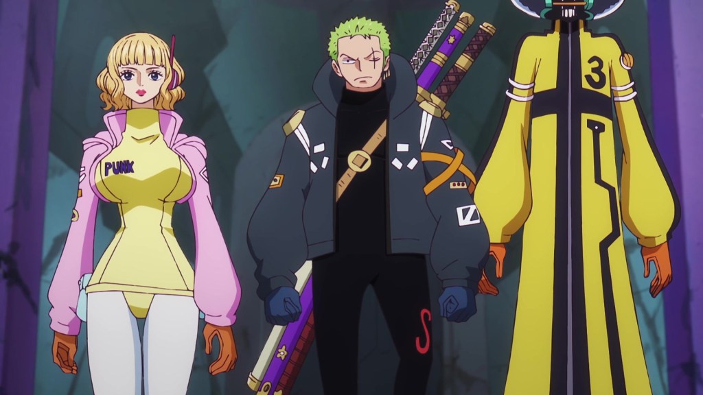 Stussy (Mami Kingetsu), Zoro (Kazuya Nakai), and Brook (Chō) don their Vegapunk research outfits in One Piece Episode 1107 "A Shudder! The Evil Hand Creeping Up on the Laboratory" (2024), Toei Co. Ltd.