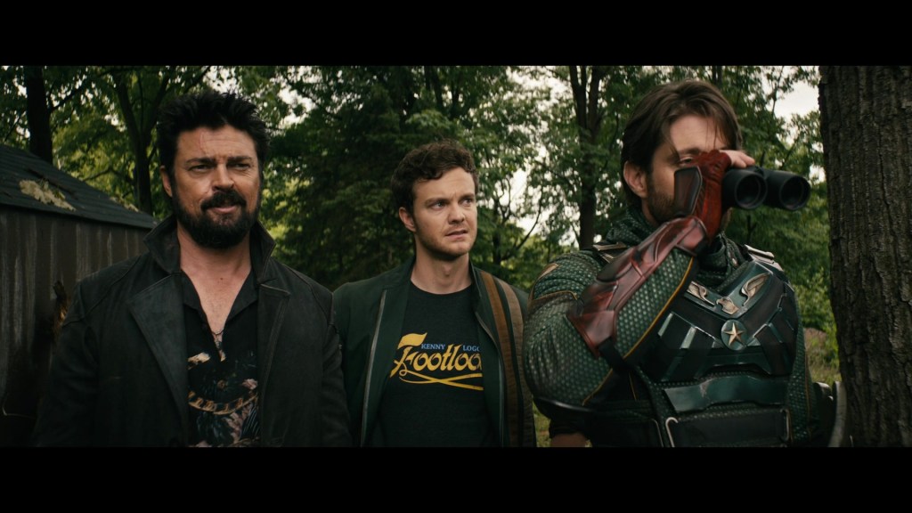 Billy (Karl Urban), Hughie (Jack Quaid), and Soldier Boy (Jensen Ackles) stake out The Seven's movement in The Boys Season 3 Episode 8 "The Instant White-Hot Wild" (2022), Amazon