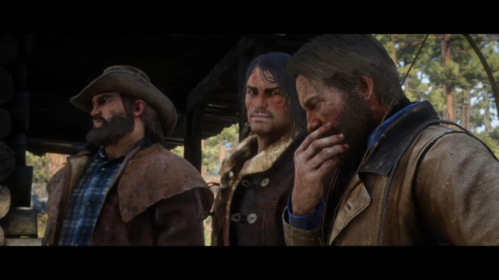 Arthur Morgan, John Marston, and Bill Williamson find themselves at a crossroads regarding what to do with Kieran Duffy in Red Dead Redemption 2 (2018), Rockstar Games