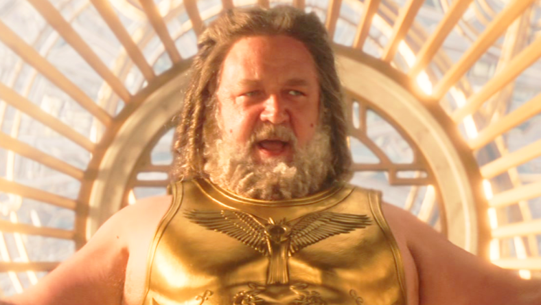 Zeus (Russell Crowe) holds court over the Omnipotent City in Thor: Love and Thunder (2022), Marvel Entertainment